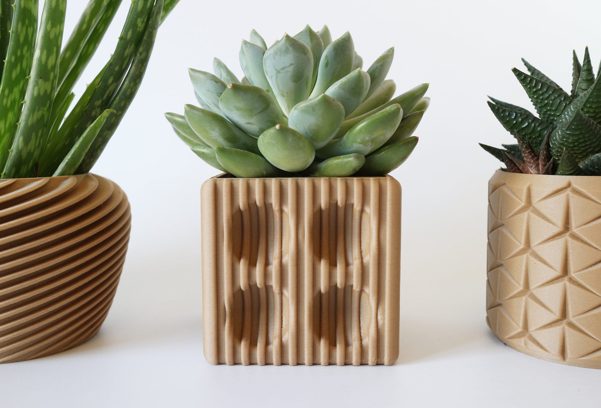 SET OF 4 3D Printed Wood Geometric Small Plant Pots. Modern